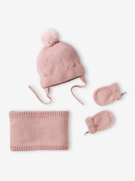 Conjunto para bebé niña: gorro + snood + manoplas rosa maquillaje 