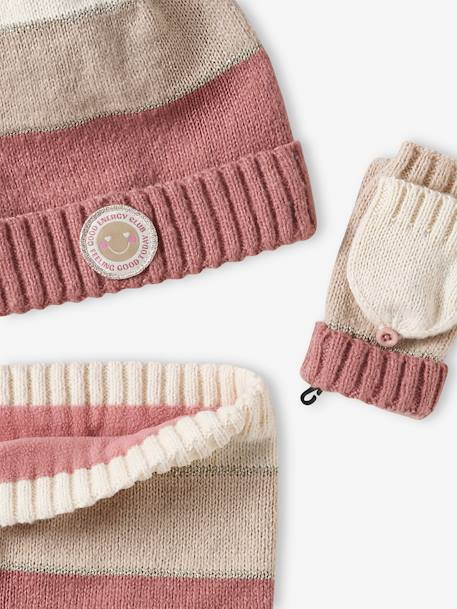 Conjunto gorro + snood + manoplas/mitones colorblock para niña rayas rosa 