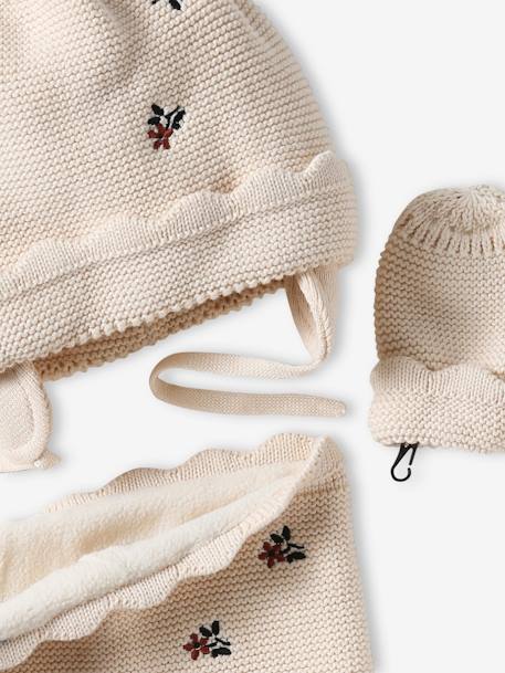 Conjunto para bebé niña de gorro + snood + manoplas beige maquillaje 