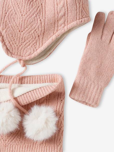 Conjunto gorro + snood + guantes de punto rosa maquillaje 