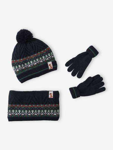 Estuche regalo Navidad niño gorro + snood + guantes verde pino 