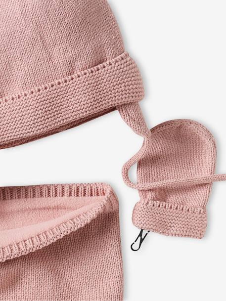 Conjunto para bebé niña: gorro + snood + manoplas rosa maquillaje 