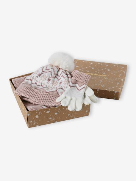 Caja regalo de Navidad Jacquard niña conjunto gorro + snood + guantes rosa maquillaje 