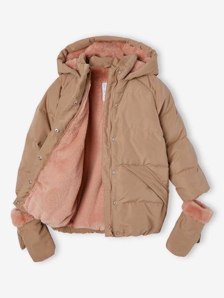 Chaqueta acolchada semilarga con relleno de plumas y plumón, manoplas desmontables, para niña capuchino 