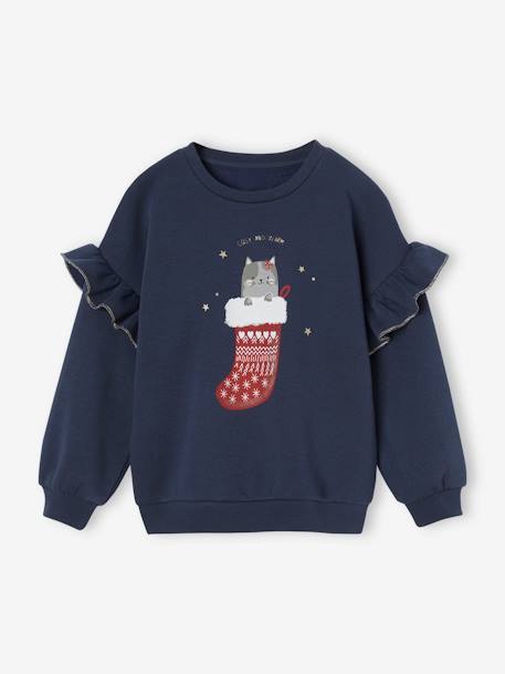 Sudadera con volantes motivo gato fantasía niña azul marino 