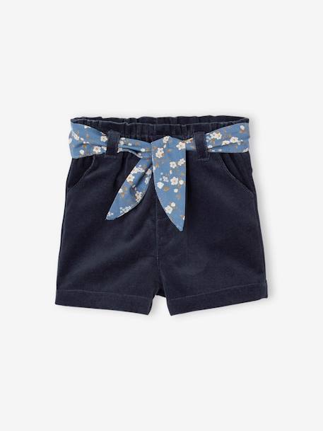 Short de terciopelo con cinturón de flores para bebé azul marino 