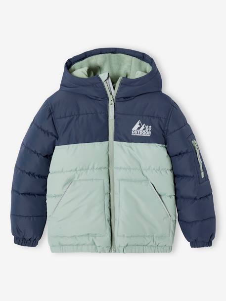 Chaqueta acolchada con capucha bicolor y relleno de poliéster reciclado, para niño avellana+AZUL FUERTE LISO CON MOTIVOS+verde sauce 