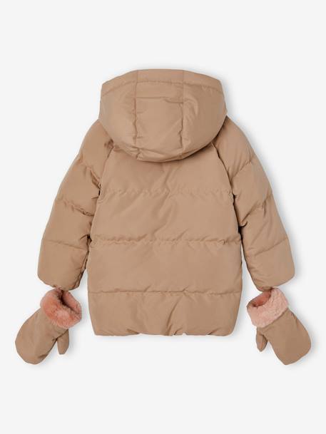 Chaqueta acolchada semilarga con relleno de plumas y plumón, manoplas desmontables, para niña capuchino 