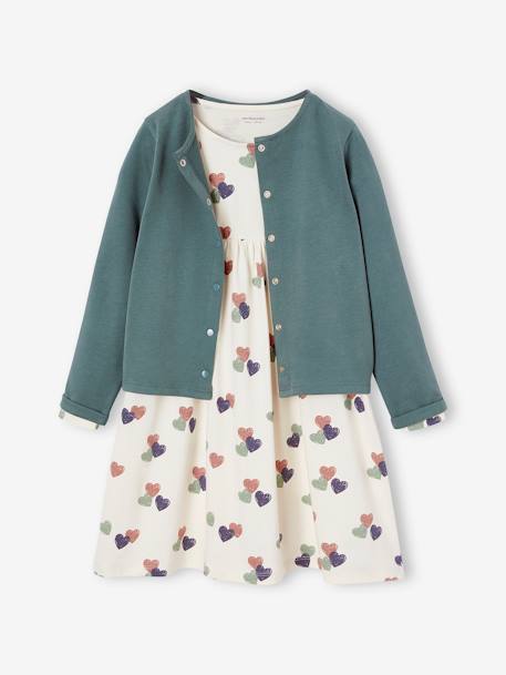 Conjunto de cárdigan y vestido estampado de flores, para niña mostaza+rosa+verde esmeralda 