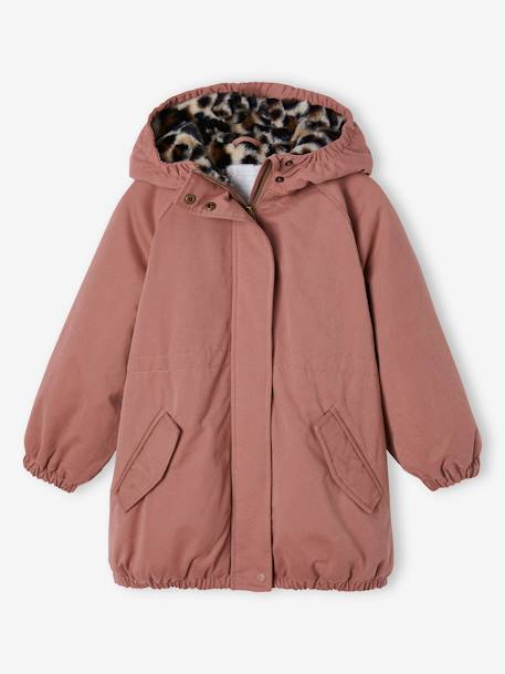 Parka con capucha y forro de piel sintética para niña caqui+negro+rosa palo+rosa viejo+verde 