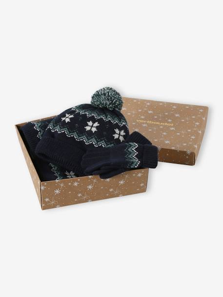 Caja Navidad copo de nieve niño gorro + snood + guantes/mitones azul marino 