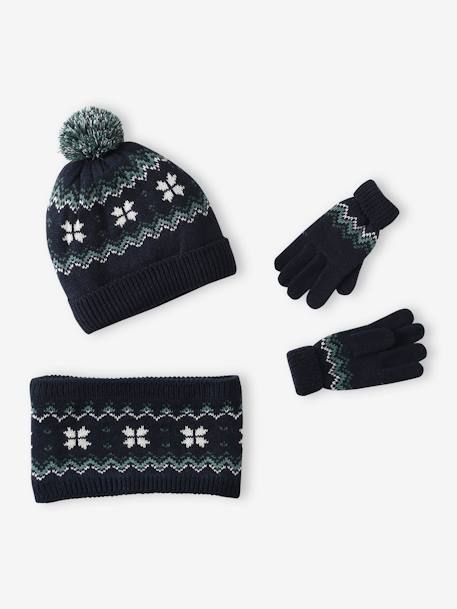 Caja Navidad copo de nieve niño gorro + snood + guantes/mitones azul marino 