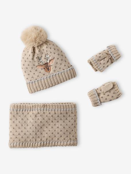 Caja regalo de Navidad 'Cervatilla' para niña conjunto gorro + snood + mitones beige dorado 