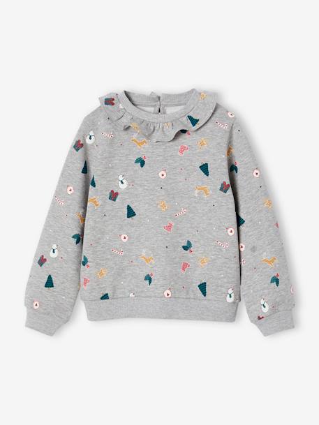 Sudadera navideña con cuello estampado para niña gris jaspeado 