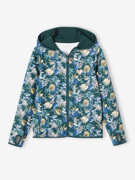 Sudadera deportiva con cremallera estampada de flores, de tejido técnico multicolor+verde estampado 