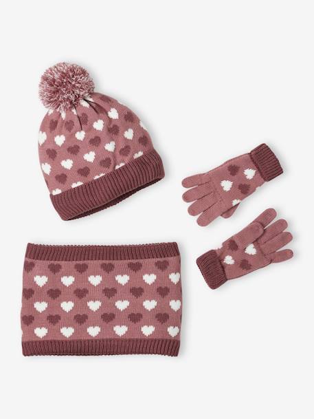 Conjunto gorro snood y guantes con corazones para niña azul grisáceo 