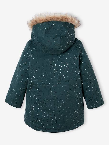 Parka con lentejuelas y forro de pelo sintético para niña rosado+verde esmeralda 