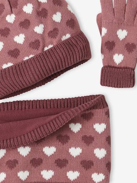 Conjunto gorro snood y guantes con corazones para niña azul grisáceo 