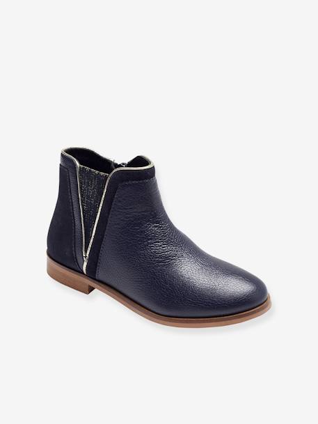 Botas de piel con cremallera y pieza elástica para niña azul marino+camello+negro 