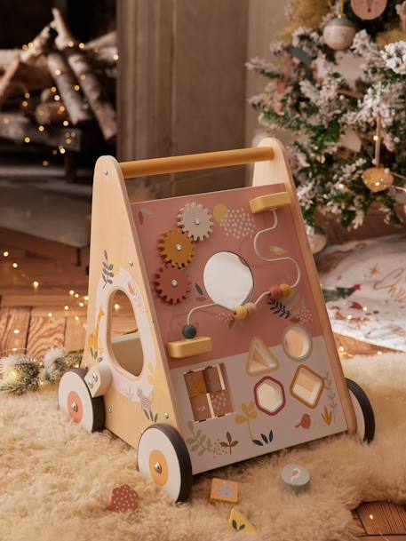 Carrito andador con frenos de madera FSC® BLANCO MEDIO LISO CON MOTIVOS+madera+rosa 