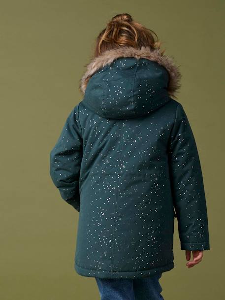 Parka con lentejuelas y forro de pelo sintético para niña rosado+verde esmeralda 