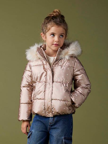 Chaqueta acolchada con capucha y forro de punto polar para niña dorado+gris oscuro+rosa estampado 