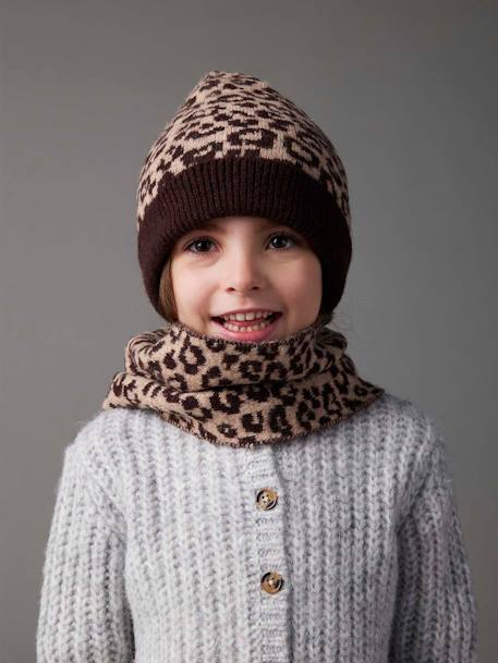 Conjunto gorro + snood + guantes leopardo para niña marrón estampado 