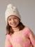 Conjunto de punto de canalé para niña: gorro + bufanda + manoplas/mitones beige jaspeado+rosa viejo 