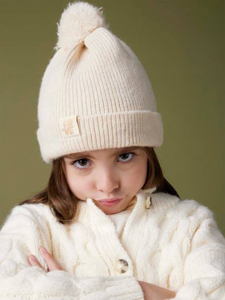 Conjunto de punto de canalé para niña: gorro + bufanda + manoplas/mitones beige jaspeado+rosa viejo 