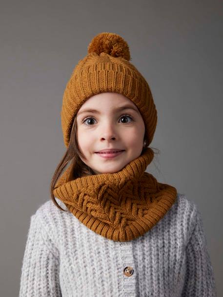 Conjunto gorro + snood + guantes o manoplas de punto trenzado para niña crudo+mostaza 