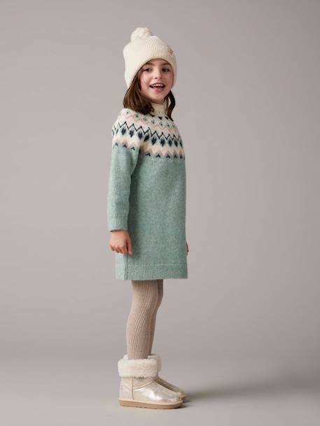 Vestido jacquard de punto tricot para niña azul oscuro+verde grisáceo 