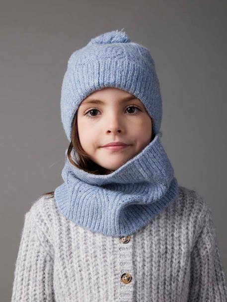 Conjunto de gorro + snood + mitones de punto bobo trenzado azul grisáceo+crudo+ROSA MEDIO LISO 