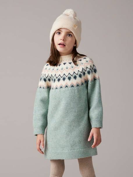 Vestido jacquard de punto tricot para niña azul oscuro+verde grisáceo 