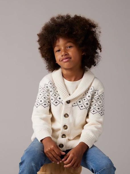 Chaqueta de punto jacquard para niño blanco jaspeado 