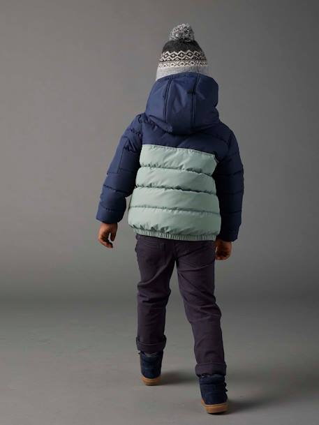 Chaqueta acolchada con capucha bicolor y relleno de poliéster reciclado, para niño avellana+AZUL FUERTE LISO CON MOTIVOS+verde sauce 