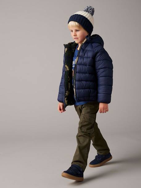 Chaqueta acolchada reversible con sherpa y capucha para niño azul marino+verde pino 