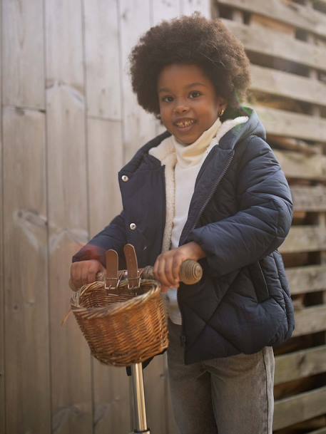 Chaqueta acolchada con capucha y forro de sherpa para niña azul marino+rosado 