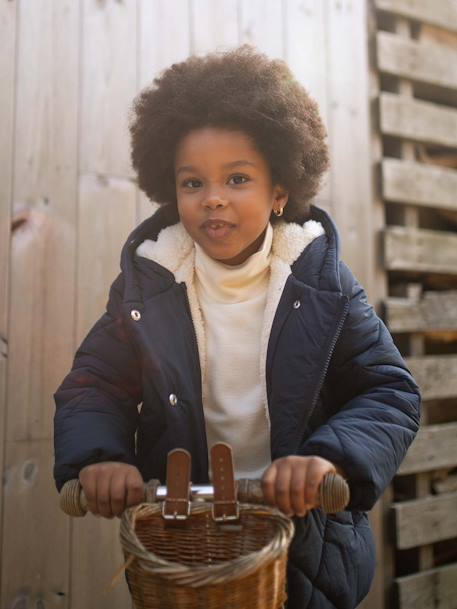 Chaqueta acolchada con capucha y forro de sherpa para niña azul marino+rosado 