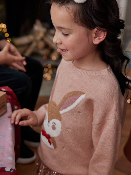 Pack de Navidad para niña: jersey jacquard «Reno» + 2 gomas para el pelo crudo+rosa maquillaje 