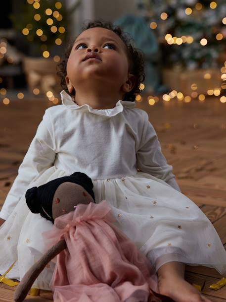 Vestido de dos tejidos para bebé niña crudo 