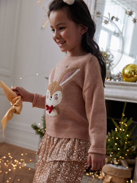 Pack de Navidad para niña: jersey jacquard «Reno» + 2 gomas para el pelo crudo+rosa maquillaje 