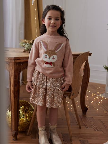 Pack de Navidad para niña: jersey jacquard «Reno» + 2 gomas para el pelo crudo+rosa maquillaje 