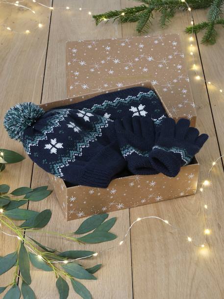 Caja Navidad copo de nieve niño gorro + snood + guantes/mitones azul marino 