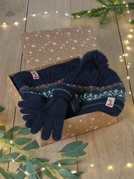 Estuche regalo Navidad niño gorro + snood + guantes verde pino 