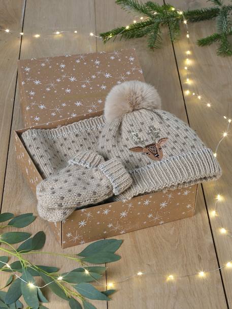 Caja regalo de Navidad 'Cervatilla' para niña conjunto gorro + snood + mitones beige dorado 