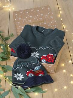 Niño-Jerséis, chaquetas de punto, sudaderas-Caja de Navidad con jersey jacquard y gorro con pompón, para niño