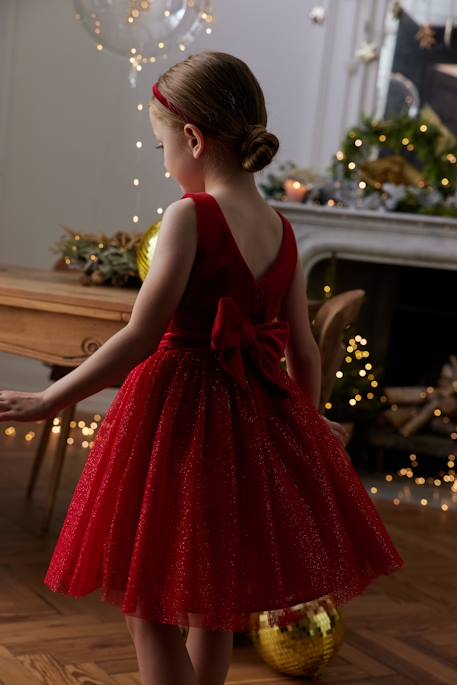 Vestido de Navidad de terciopelo y tul brillante para niña rojo 