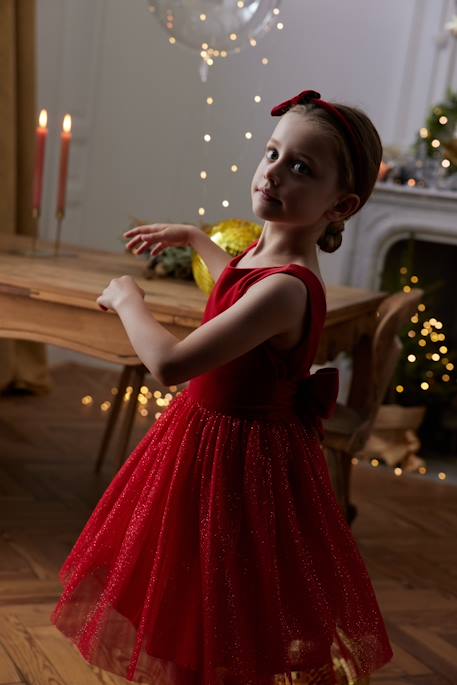 Vestido de Navidad de terciopelo y tul brillante para niña rojo 