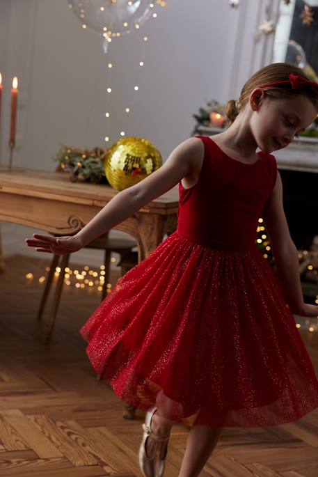 Vestido de Navidad de terciopelo y tul brillante para niña rojo 