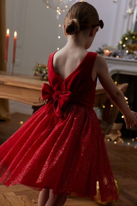 Vestido de Navidad de terciopelo y tul brillante para niña rojo 